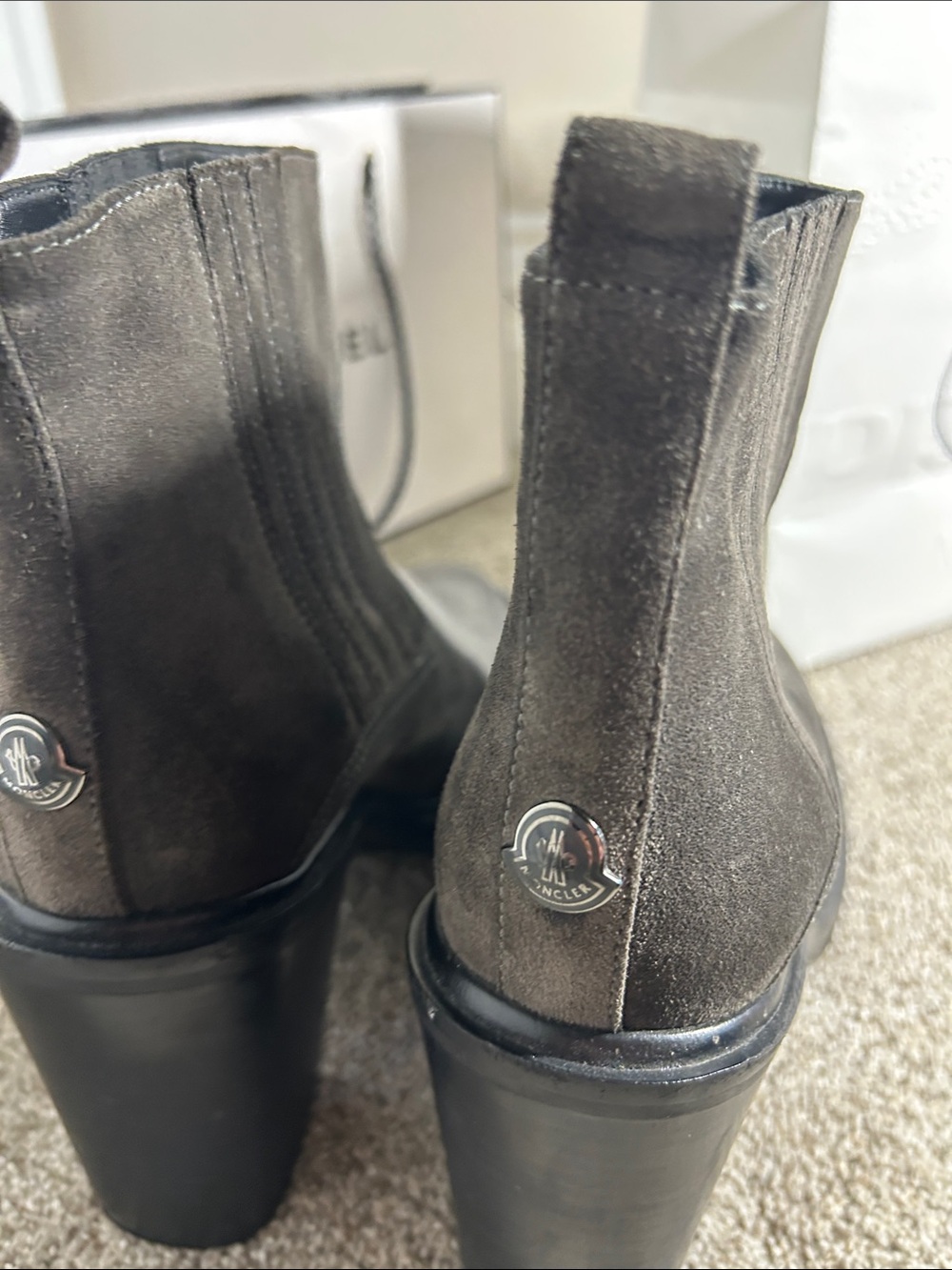 Moncler Gray Suede Chelsea Heel Booties